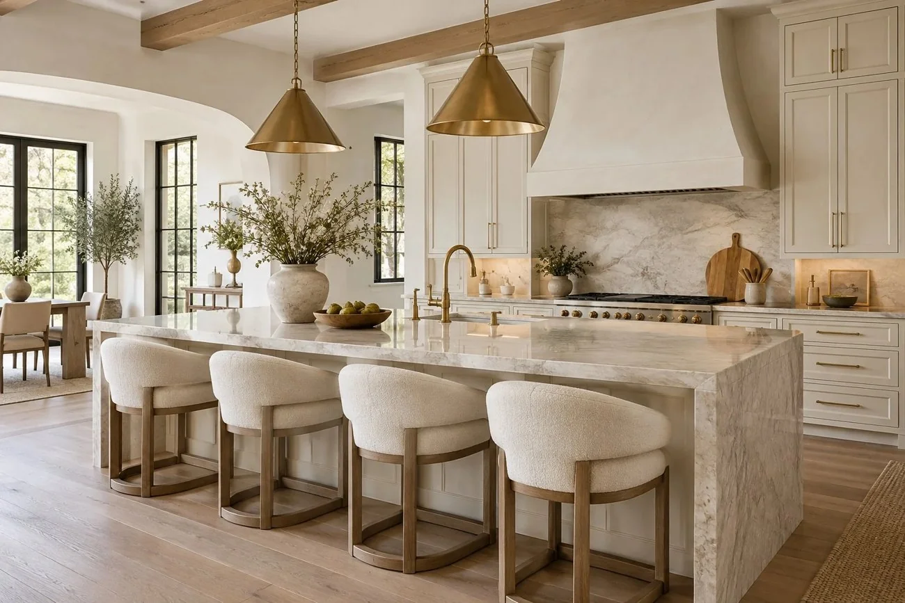 AI-generated design inspiration: Cream kitchen with a stone island and brass pendant lights