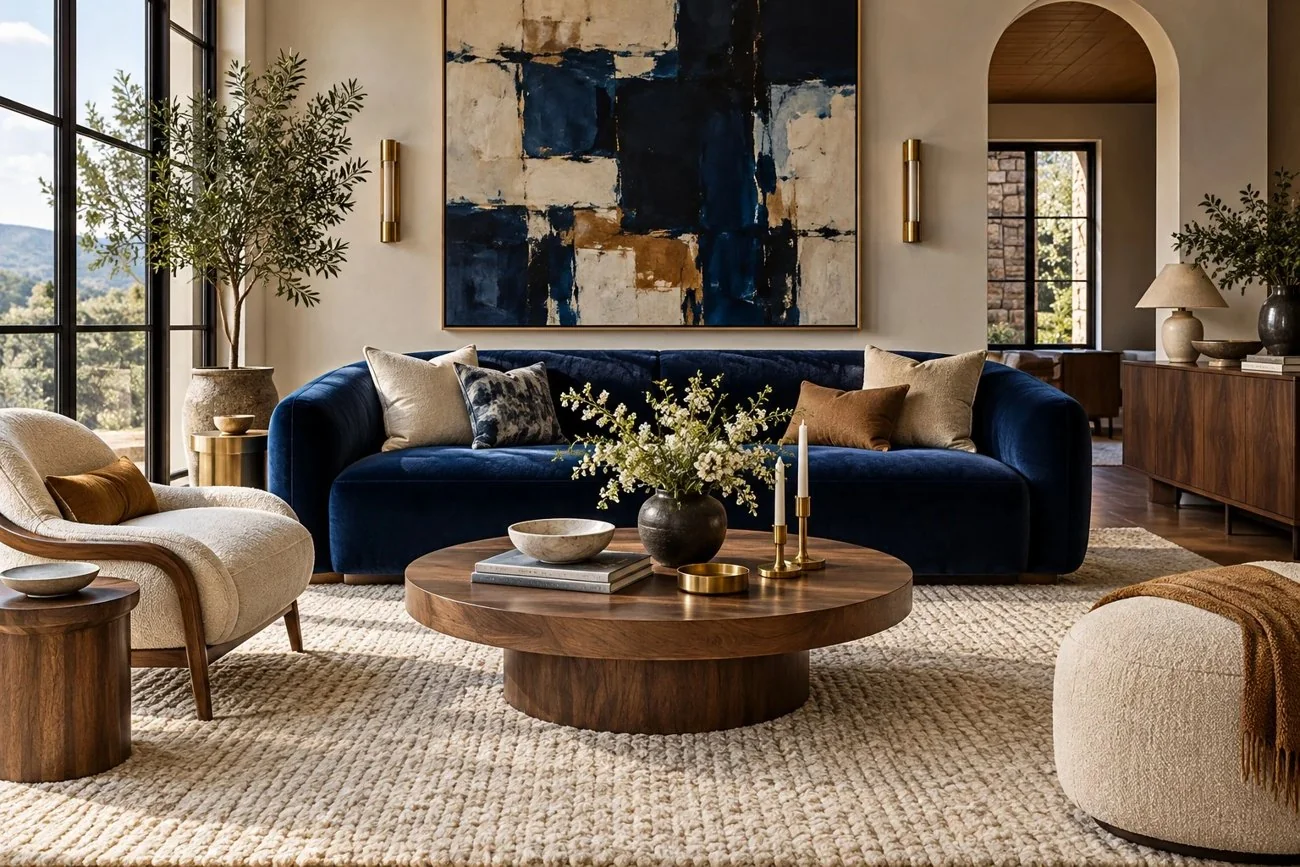 AI-generated design inspiration: Navy velvet sofa with walnut furniture and abstract art
