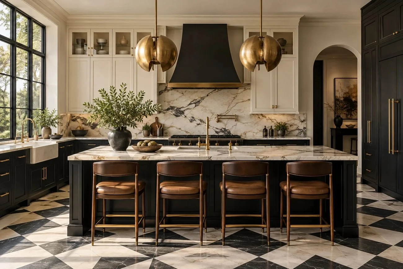 AI-generated design inspiration: Black and cream kitchen with marble and geometric floor tiles