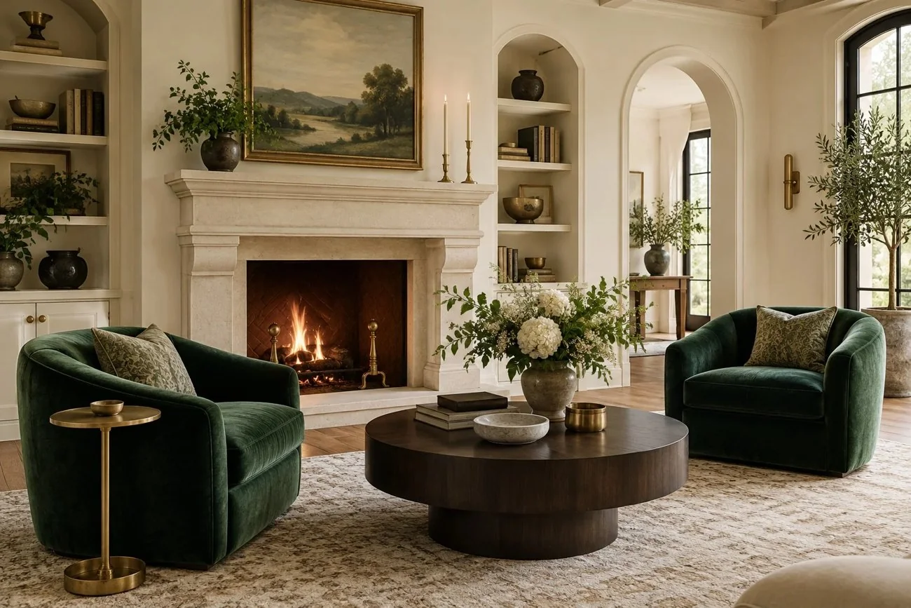 AI-generated design inspiration: Emerald armchairs beside a limestone fireplace
