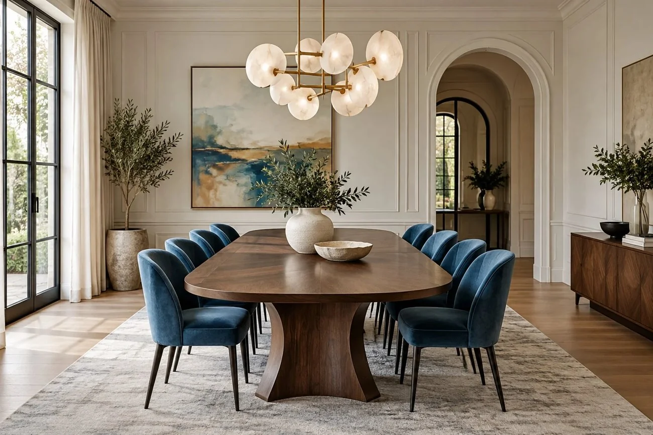 AI-generated design inspiration: Sapphire dining chairs around a walnut table beneath a sculptural chandelier