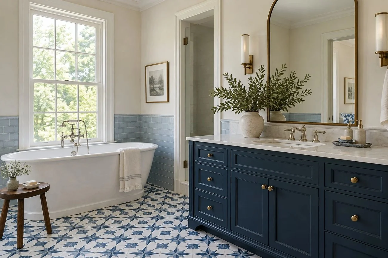 AI-generated design inspiration: Navy bathroom vanity and blue and white patterned floor tiles