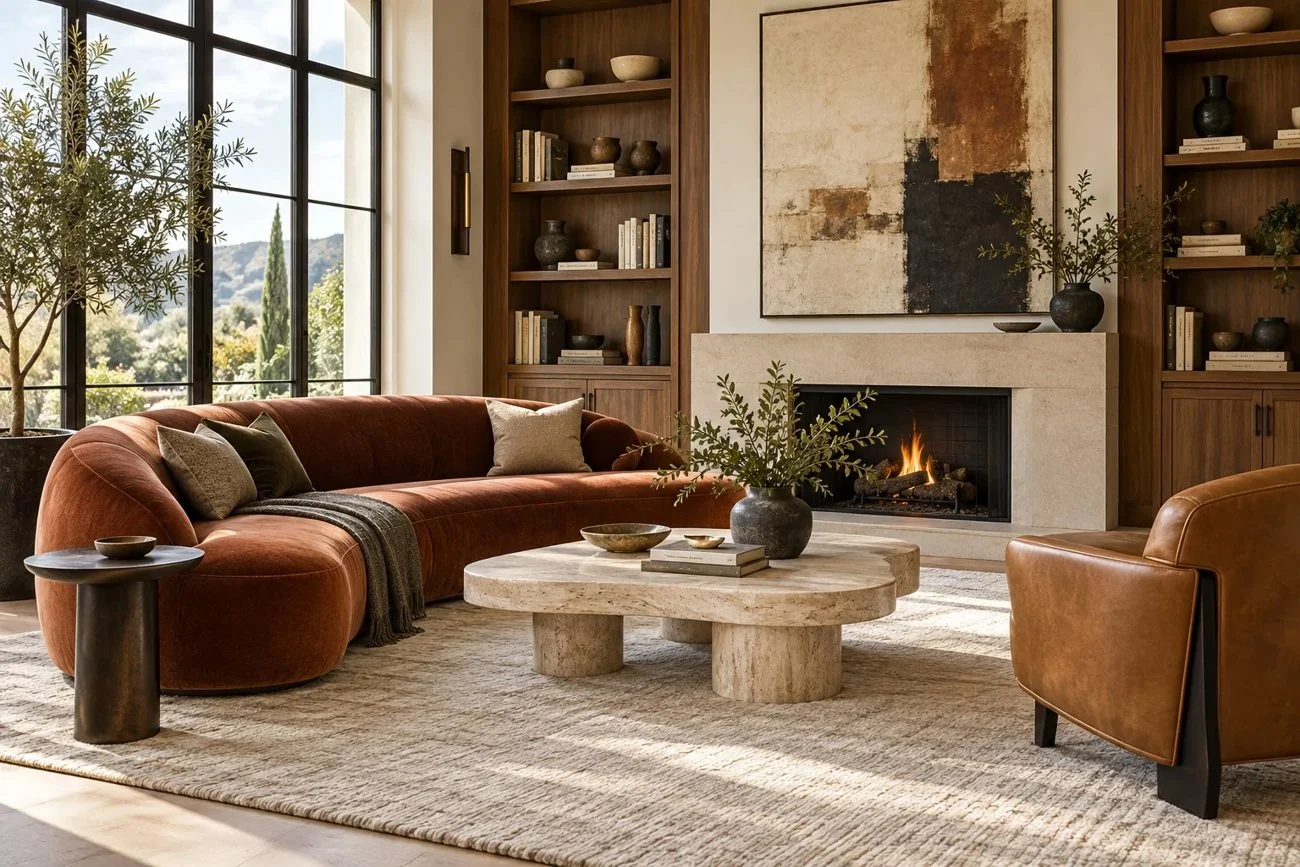 AI-generated design inspiration: Curved terracotta sofa with a travertine table and walnut shelving