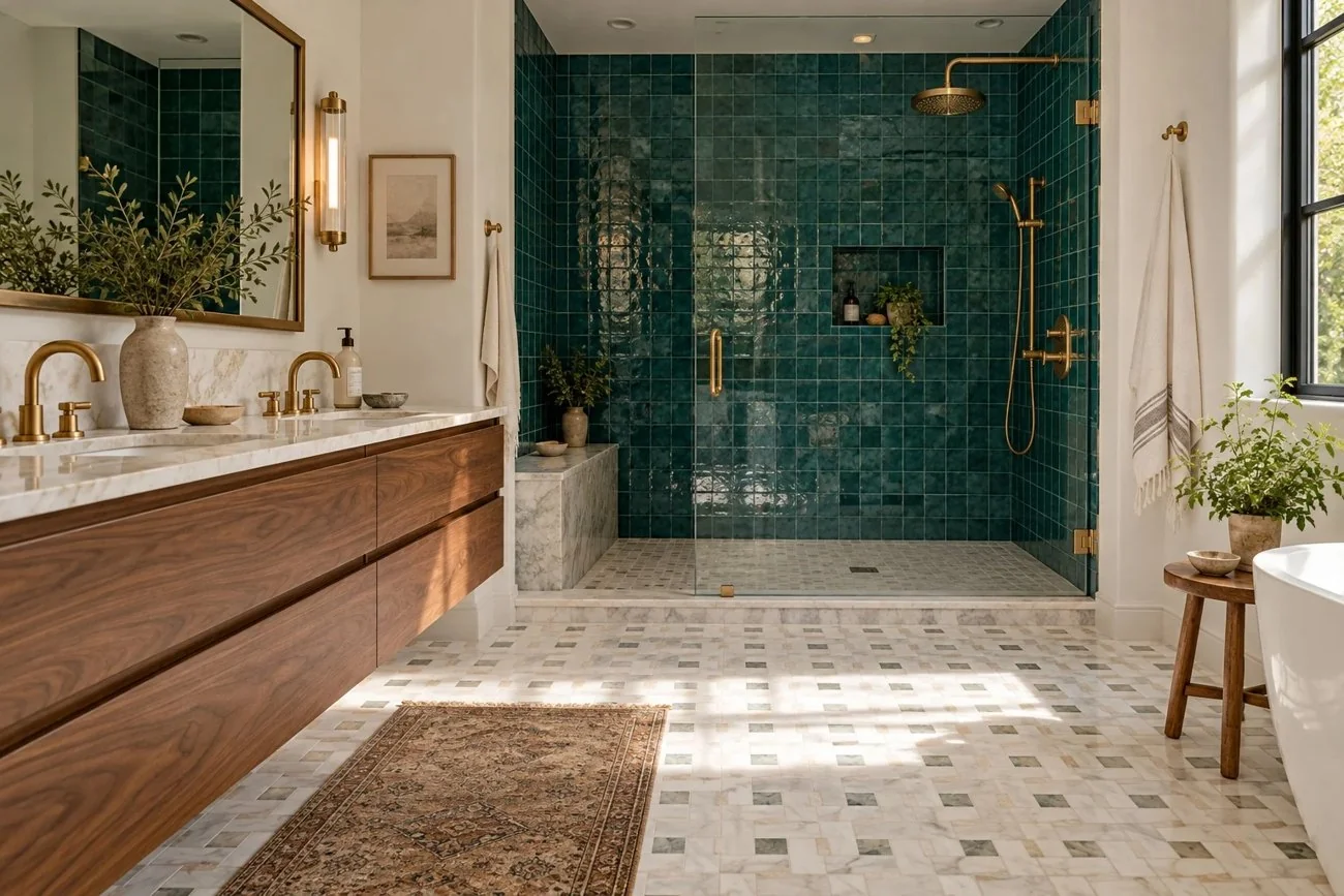 AI-generated design inspiration: Teal tiled shower with a walnut vanity and brass fixtures