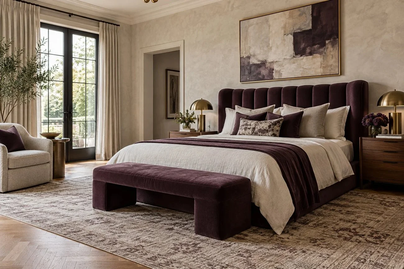 AI-generated design inspiration: Plum upholstered bed with layered linens and walnut bedside tables