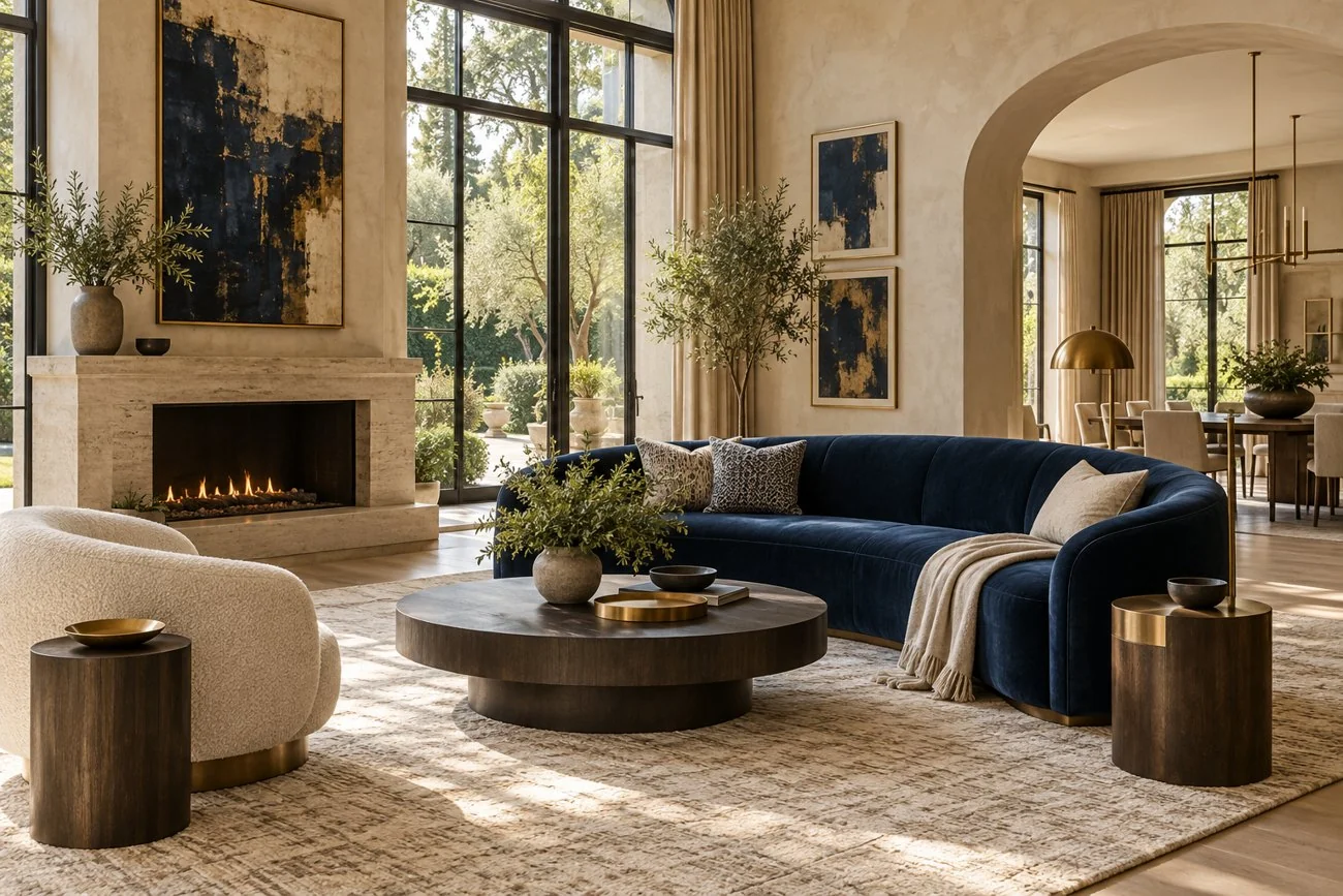 AI-generated design inspiration: Navy curved-sofa living room