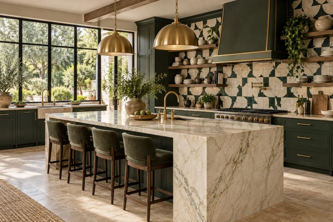 AI-generated design inspiration: Emerald kitchen with patterned tile