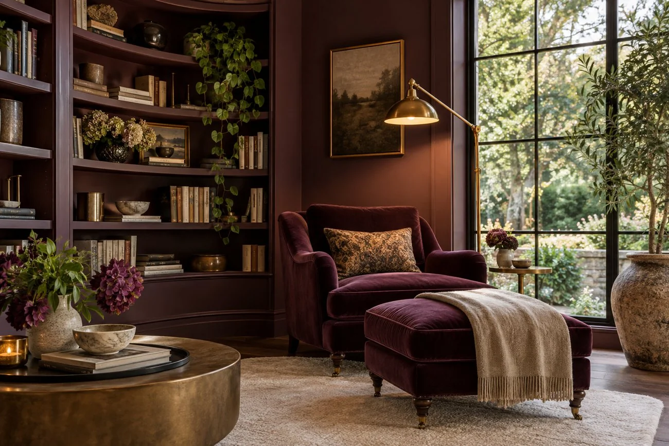 AI-generated design inspiration: An elegant plum velvet reading lounge with a curved bookcase, antique brass floor lamp, ivory rug and large garden window