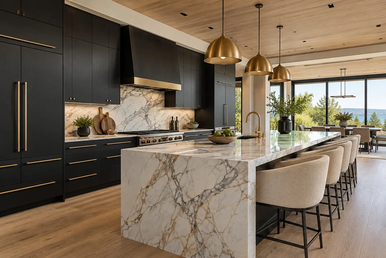 AI-generated design inspiration: A bright modern kitchen with matte black cabinets, dramatic white marble island, brushed gold hardware and a white oak ceiling