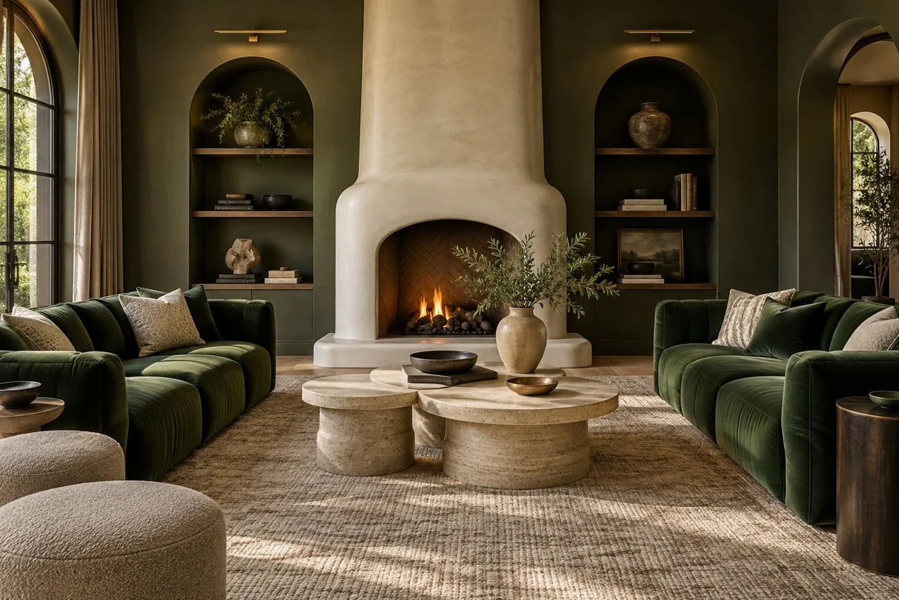 AI-generated design inspiration: A jewel-toned emerald velvet sitting room with a rounded cream fireplace, sculptural stone cocktail tables and moody olive walls