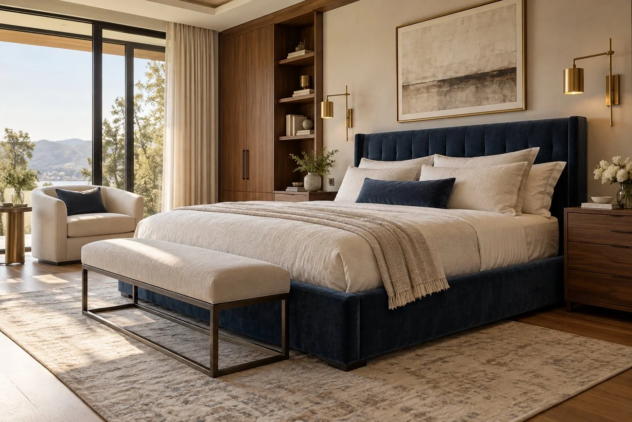 AI-generated design inspiration: A refined primary bedroom with deep navy upholstered bed, cream linen bedding, warm walnut cabinetry and understated gold bedside sconces