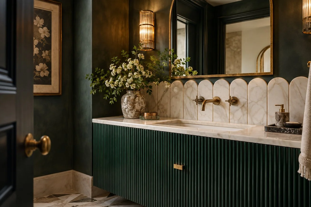 AI-generated design inspiration: A glamorous powder room with emerald fluted vanity, scalloped ivory marble backsplash, brass wall faucet and an arched mirror