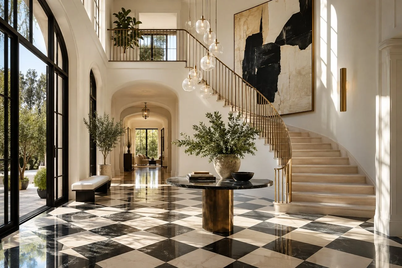 AI-generated design inspiration: A light-filled foyer with checkerboard black and ivory marble floor, curved staircase, slim brass railing and oversized abstract art