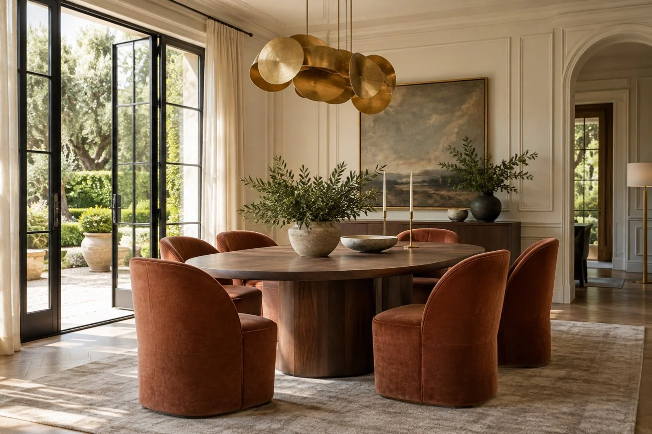 AI-generated design inspiration: A contemporary dining room with terracotta velvet chairs, walnut oval table, cream paneled walls and dramatic gold pendant