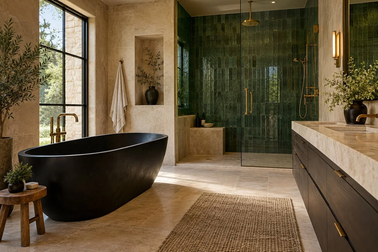 AI-generated design inspiration: A luxurious bathroom with black freestanding tub, ivory stone walls, brass fittings and emerald handmade shower tile