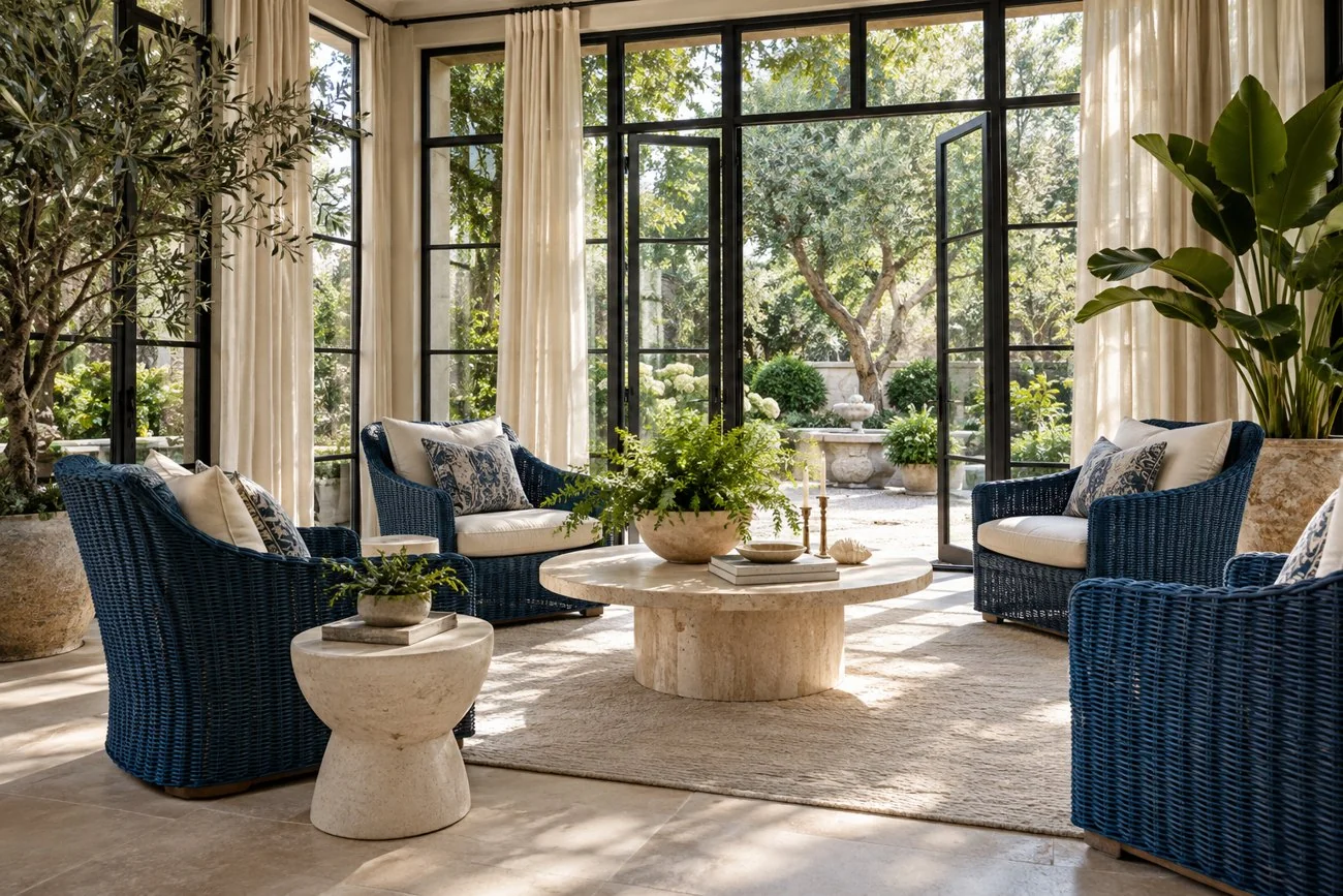 AI-generated design inspiration: A refined sunroom with sapphire blue woven chairs, linen curtains, travertine table and black steel garden doors