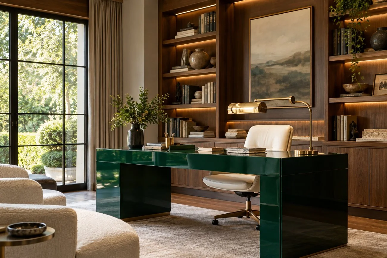 AI-generated design inspiration: A modern home office with emerald lacquer desk, cream leather chair, warm walnut bookshelves and sculptural brass task light