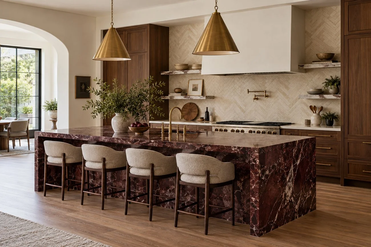 AI-generated design inspiration: A white and walnut kitchen with a deep burgundy stone island and warm brass faucets, cream herringbone tile and minimal styling