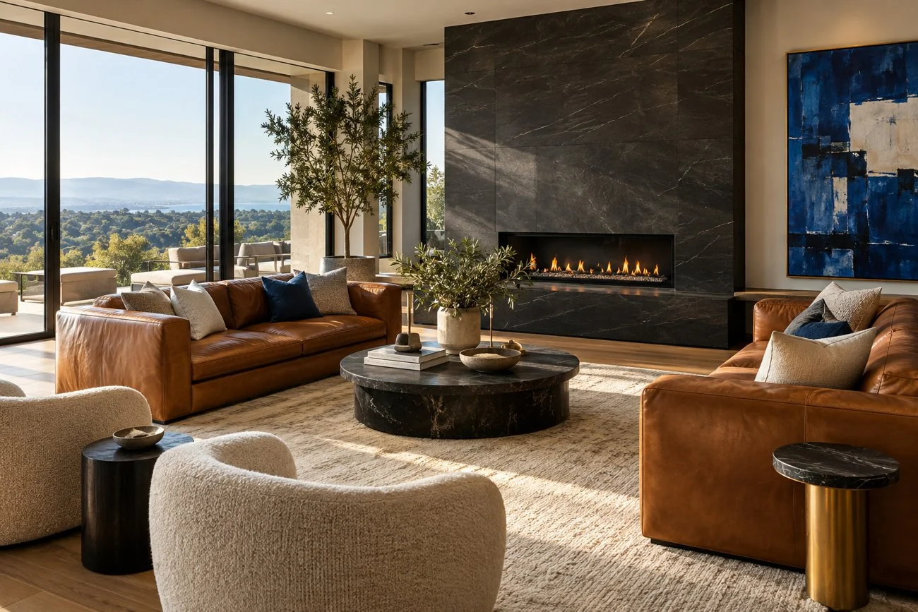 AI-generated design inspiration: A sophisticated living room with cognac leather sofas, black stone fireplace, cream rug and cobalt blue abstract painting