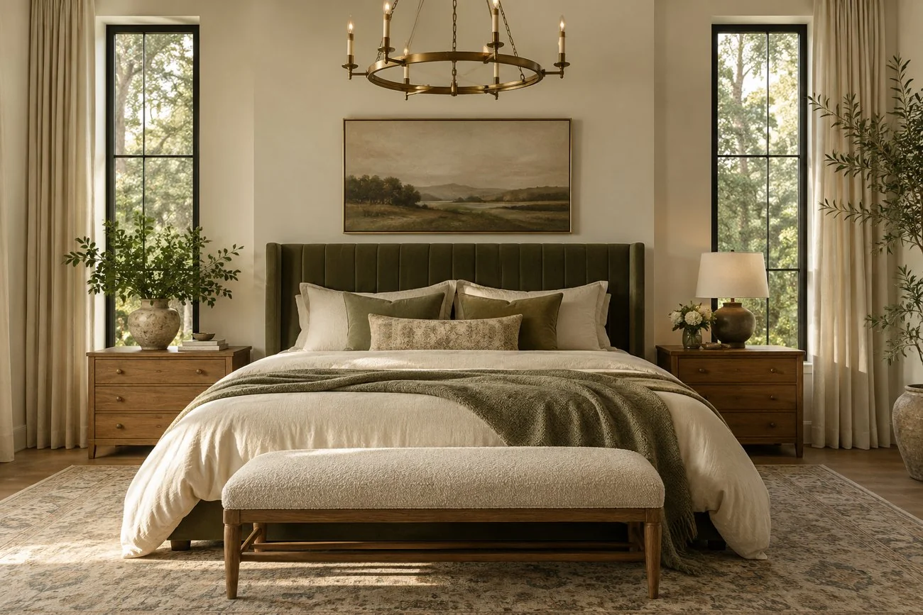 AI-generated design inspiration: A serene bedroom with sage green velvet headboard, ivory bedding, vintage brass chandelier and oak bedside tables