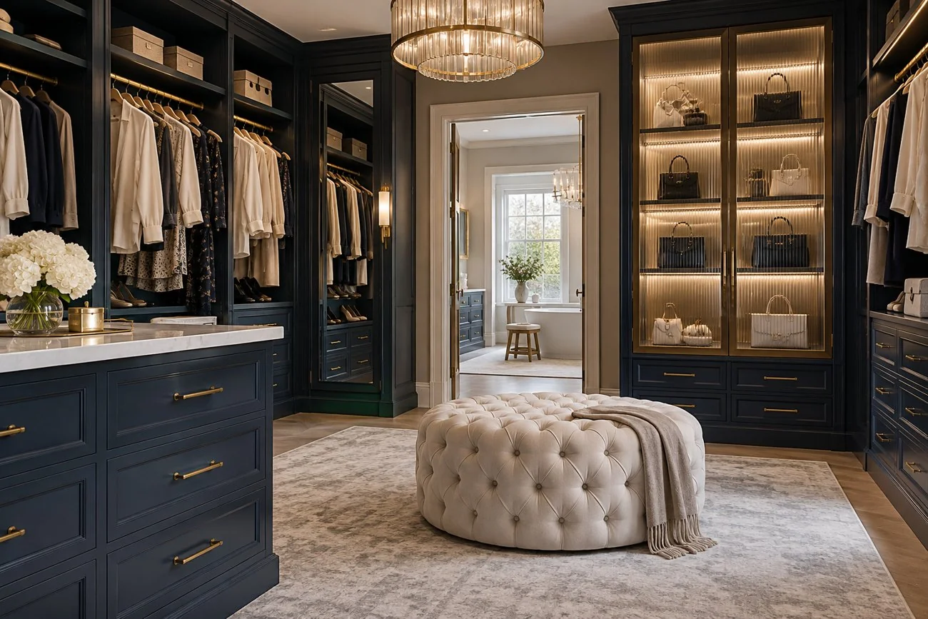 AI-generated design inspiration: A glamorous walk-in dressing room with navy cabinetry, cream tufted ottoman, brass rails and a fluted-glass display cabinet