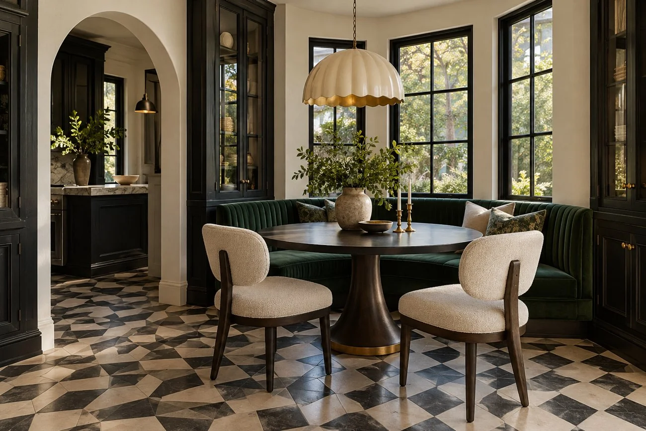 AI-generated design inspiration: A black and cream breakfast nook with round pedestal table, emerald banquette and scalloped ceramic pendant
