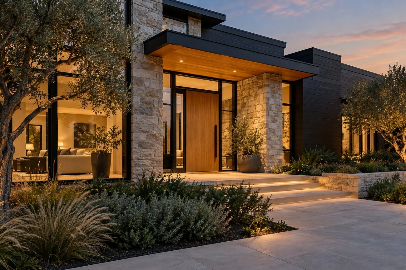 AI-generated design inspiration: A contemporary stone-and-glass home exterior with charcoal siding, warm oak front door, elegant restrained landscaping and dusk lighting