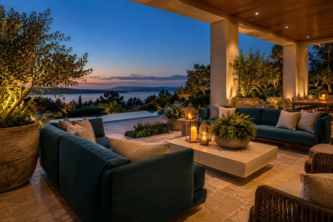 AI-generated design inspiration: A welcoming covered patio with deep teal outdoor sofas, travertine paving, brass lanterns and lush potted greenery