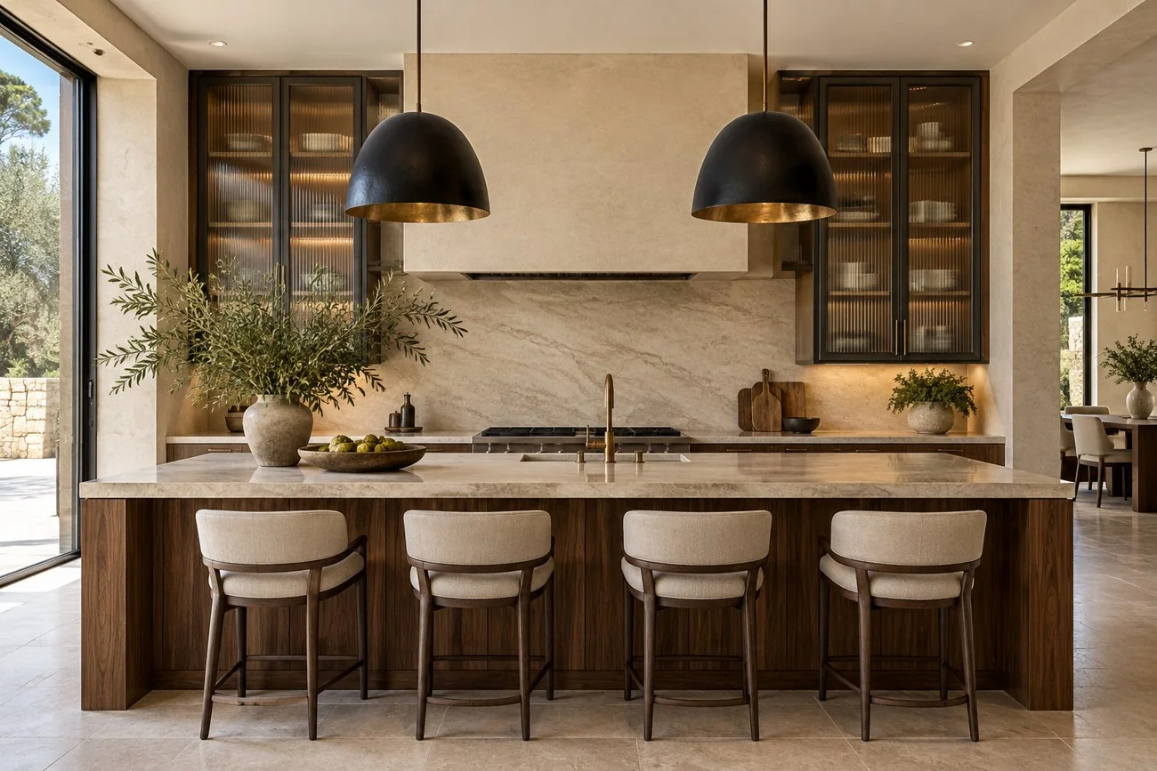 AI-generated design inspiration: A cream limestone kitchen with rich walnut island, reeded glass upper cabinets and sculptural black pendants