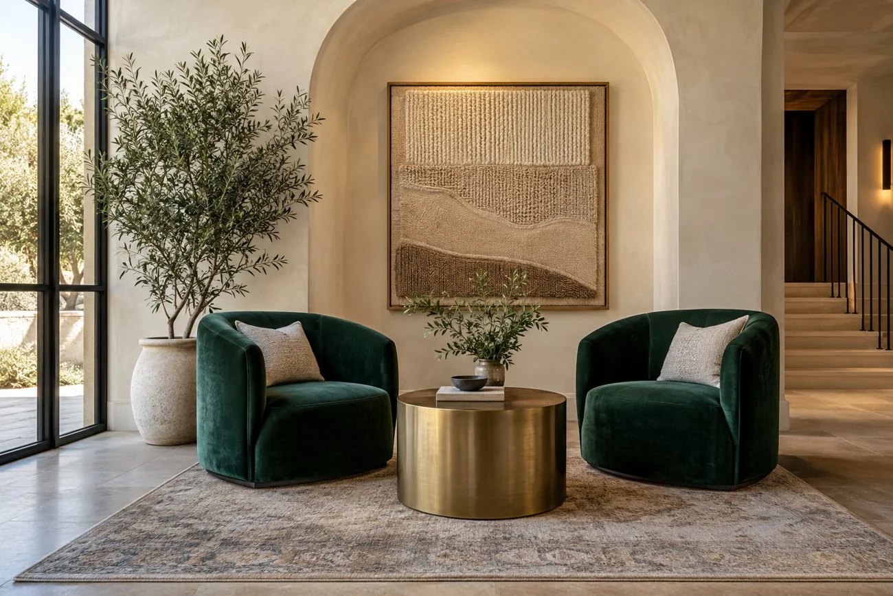 AI-generated design inspiration: A small elegant sitting area with two emerald barrel chairs, round brass table, cream plaster alcove and sculptural framed textile art