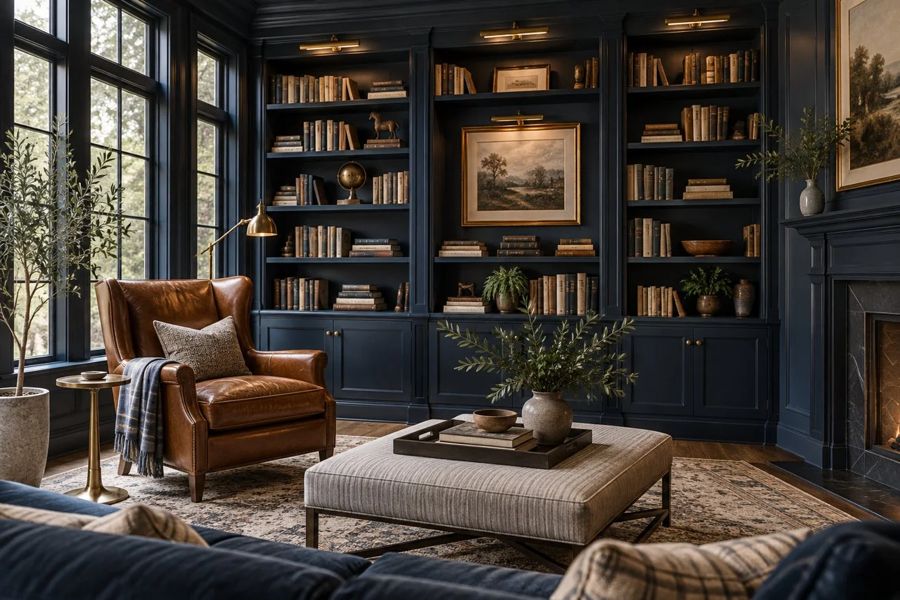 AI-generated design inspiration: A modern library with midnight blue walls and shelves, cognac leather reading chair and brass picture lights