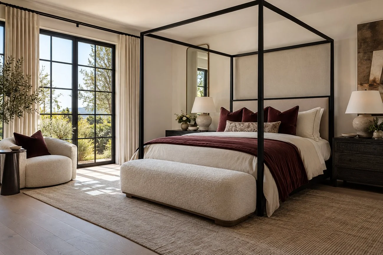 AI-generated design inspiration: A sophisticated guest bedroom with black canopy bed, ivory boucle bench, burgundy cushions and pale oak floors