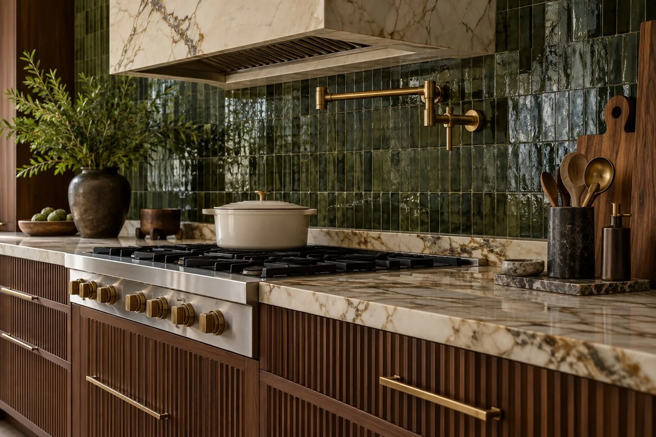 AI-generated design inspiration: A designer kitchen detail showing a deeply veined cream stone counter, brass pot filler, emerald tile backsplash and fluted walnut drawer fronts