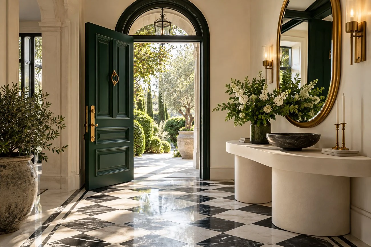 AI-generated design inspiration: A luxurious entry vestibule with emerald paneled door, curved cream console, brass mirror and black and white mosaic floor