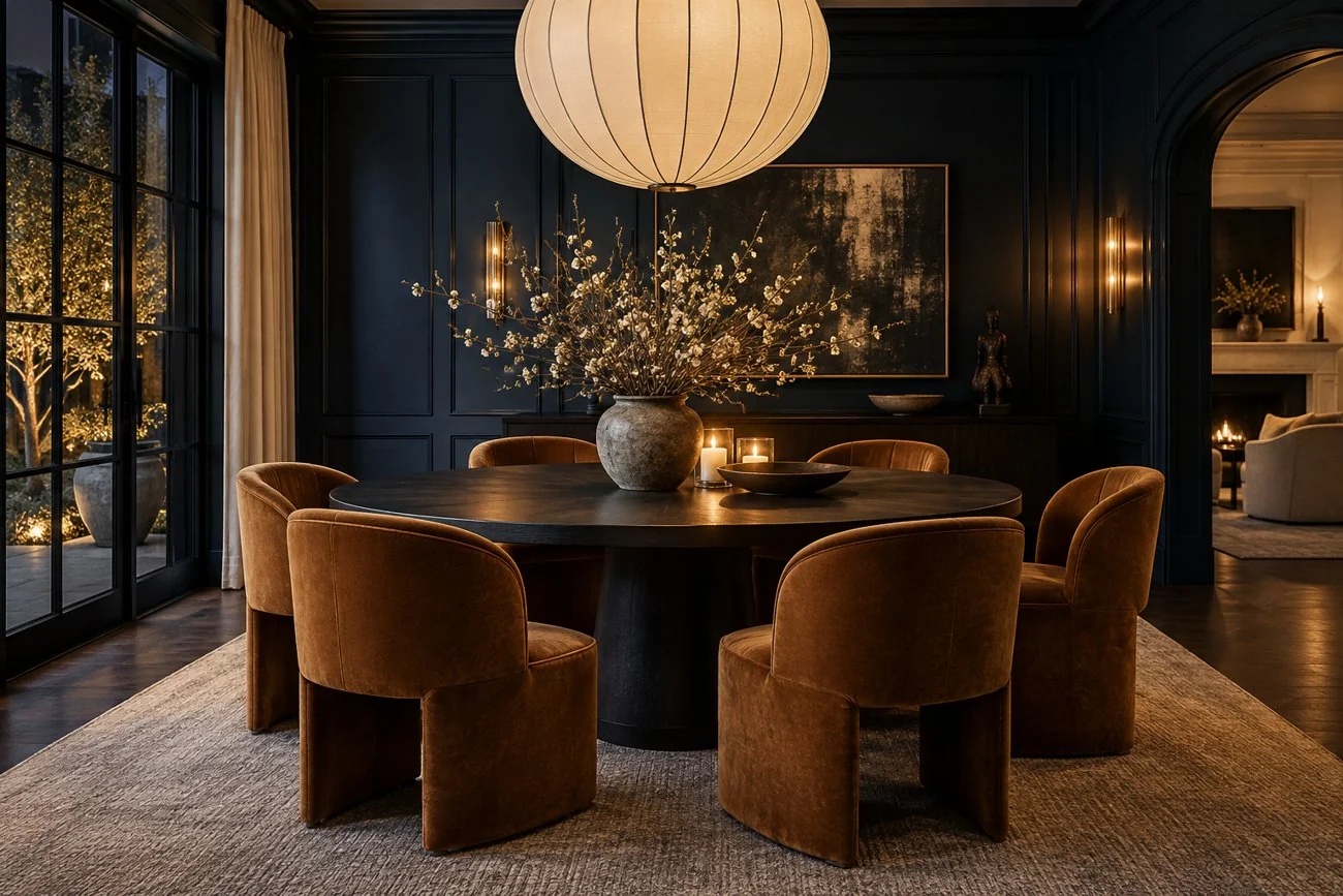 AI-generated design inspiration: A dramatic dining room with deep navy walls, caramel velvet chairs, black round table and oversized ivory lantern chandelier