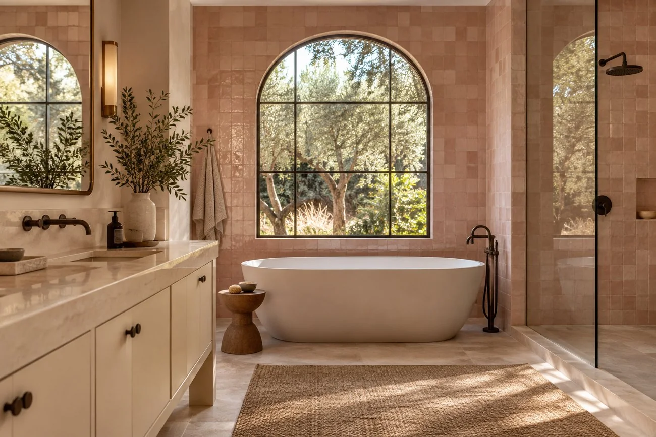 AI-generated design inspiration: A serene contemporary bathroom with pale pink zellige tile, cream vanity, dark bronze fittings and freestanding oval tub