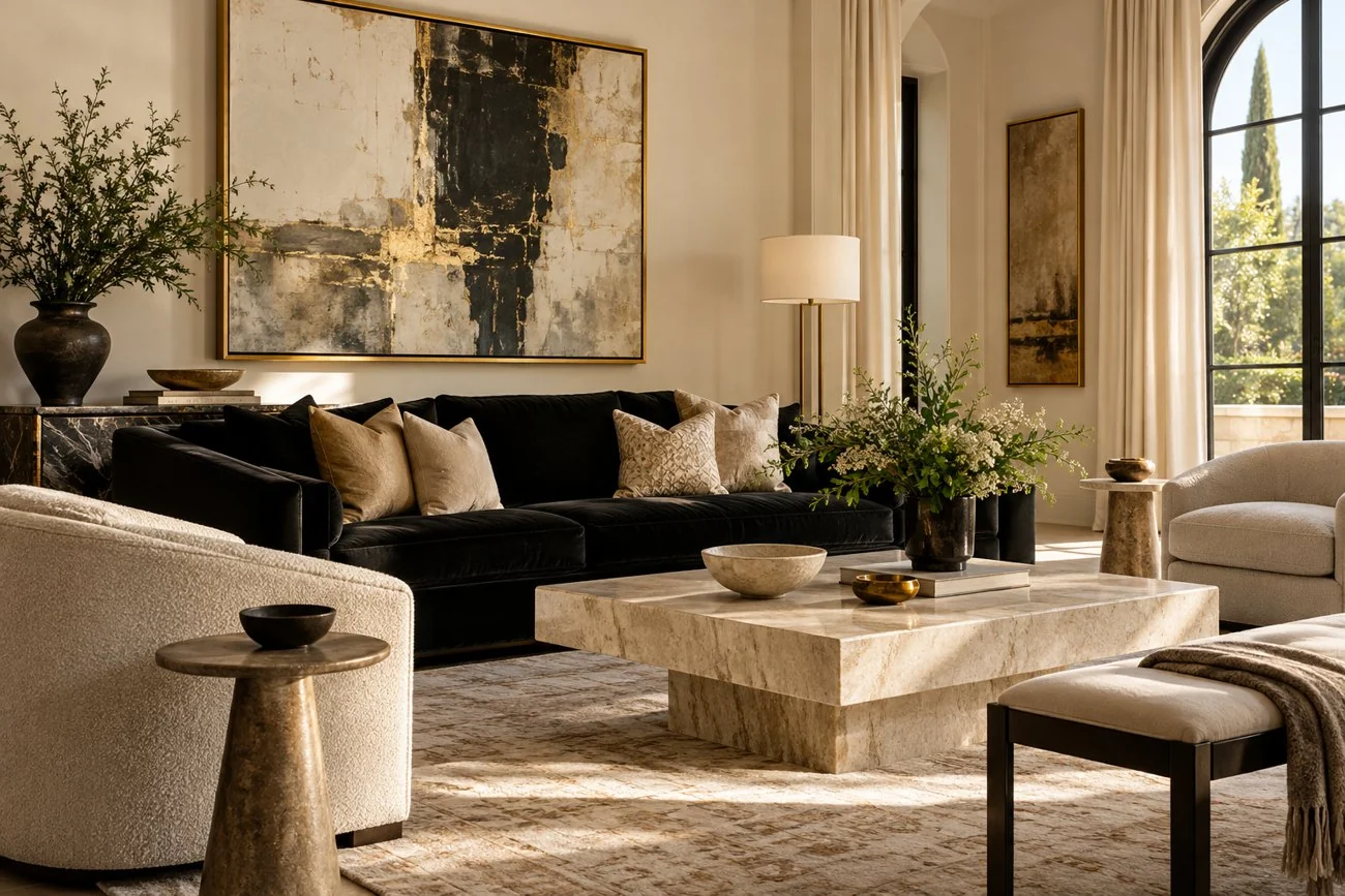 AI-generated design inspiration: A formal living room with black velvet sofa, warm ivory walls, gold framed contemporary art and sculptural pale stone tables