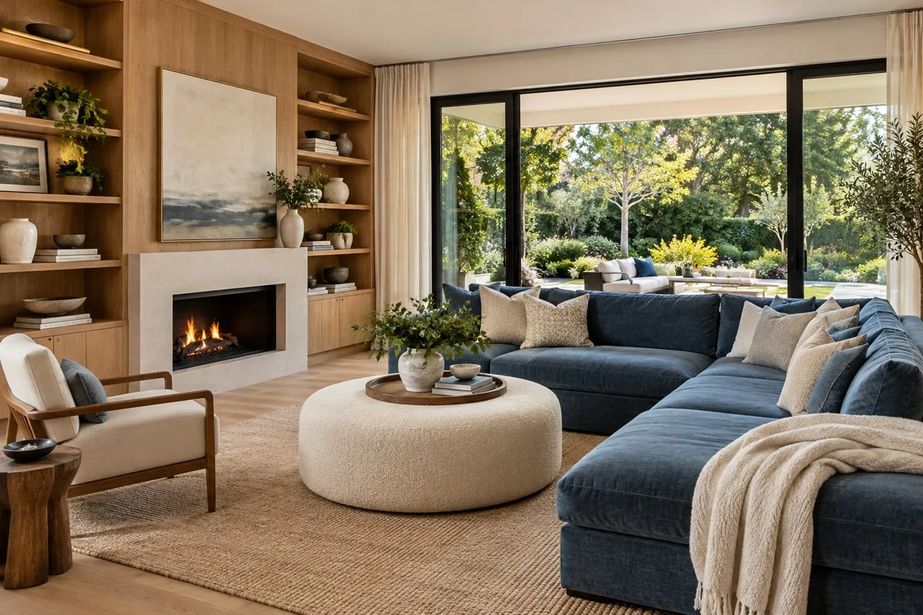 AI-generated design inspiration: A bright family room with denim blue sectional, warm oak shelving, cream boucle ottoman and beautiful green garden beyond glass doors