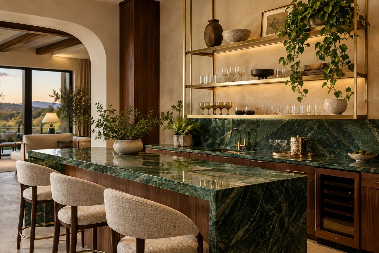 AI-generated design inspiration: A luxurious wet bar with emerald stone countertop, walnut cabinets, brushed brass shelving and warm textured ivory walls