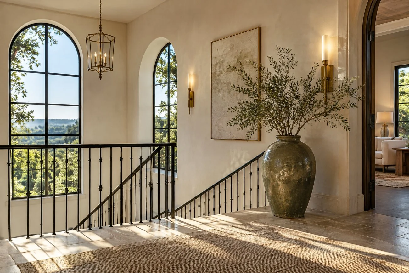 AI-generated design inspiration: A refined staircase landing with black iron balustrade, cream plaster walls, oversized olive ceramic vase and brass wall sconces