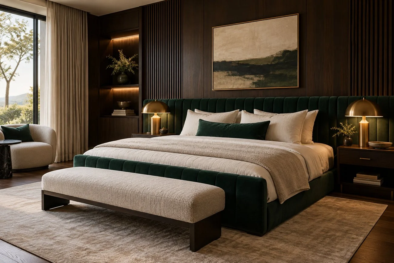 AI-generated design inspiration: A modern bedroom with espresso wood paneling, deep emerald upholstered bed, cream bedding and warm sculptural bedside lighting