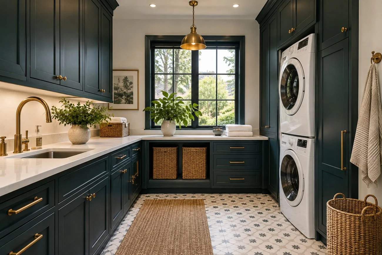 AI-generated design inspiration: A stylish laundry room with dark teal cabinetry, white stone counters, brass hardware, stacked white appliances and patterned cream floor tiles