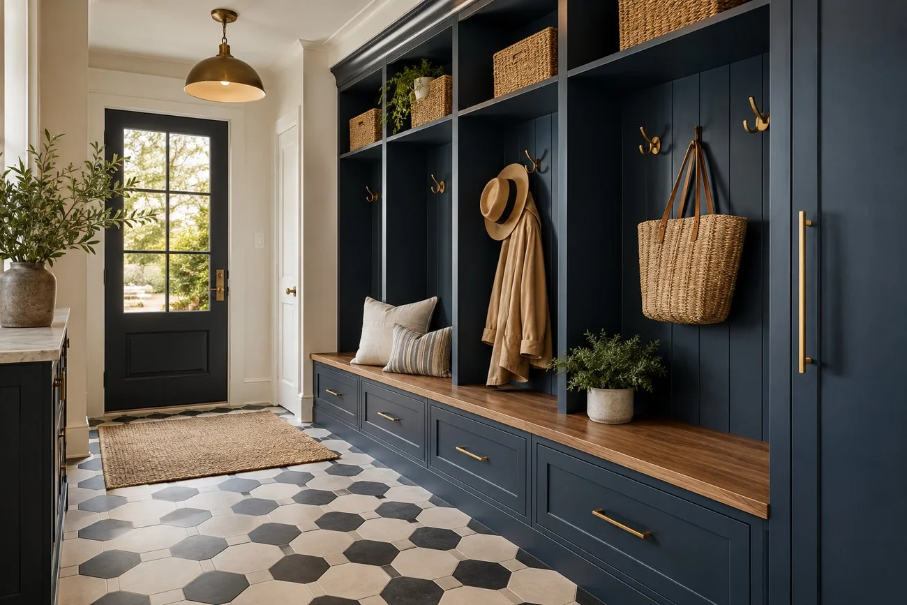 AI-generated design inspiration: A designer mudroom with navy built-in bench, warm wood cubbies, brass hooks and black and ivory hexagonal floor tile
