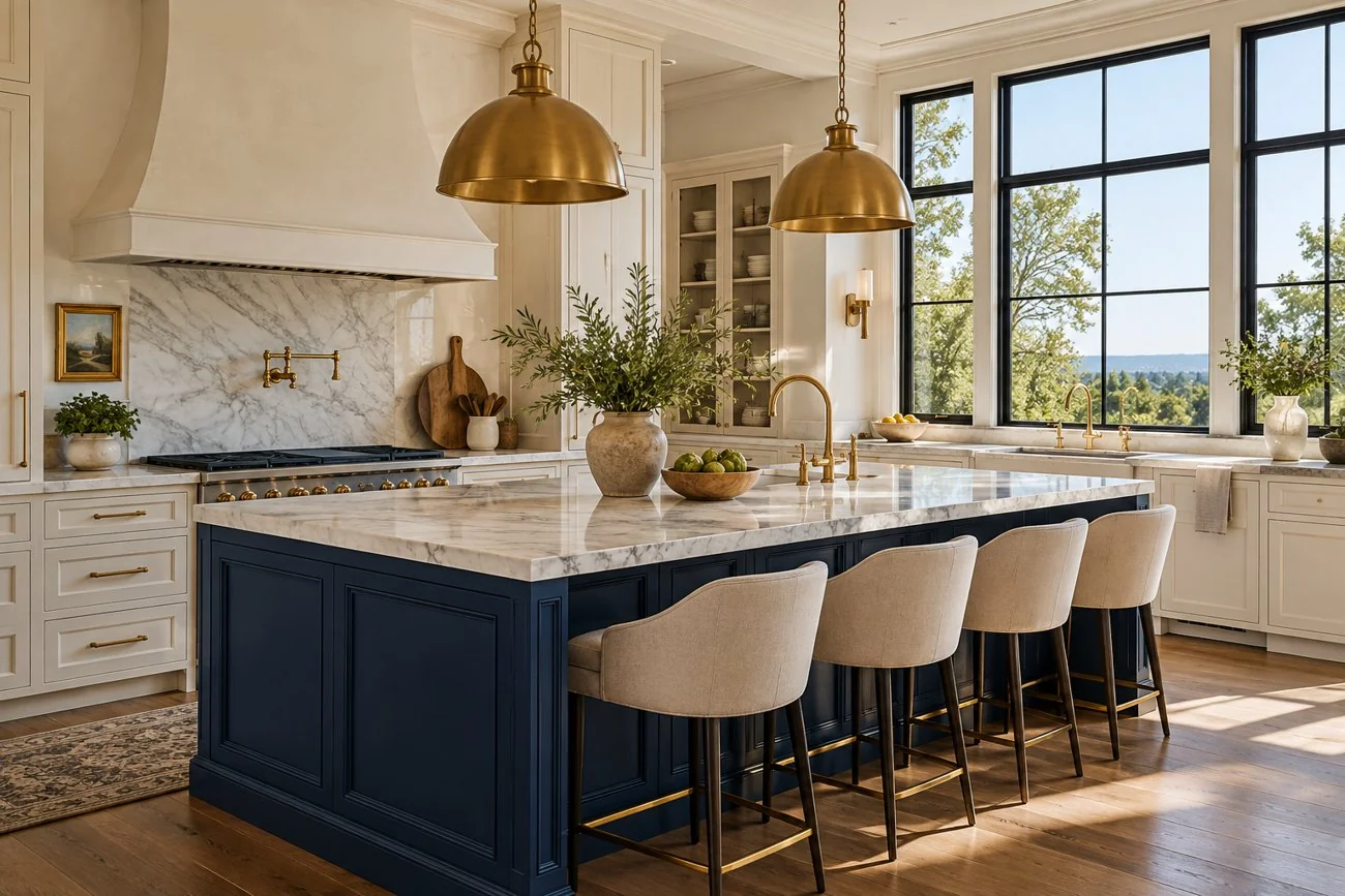 AI-generated design inspiration: A glamorous kitchen in cream with a deep sapphire blue island, polished brass pendants, marble countertops and black framed windows