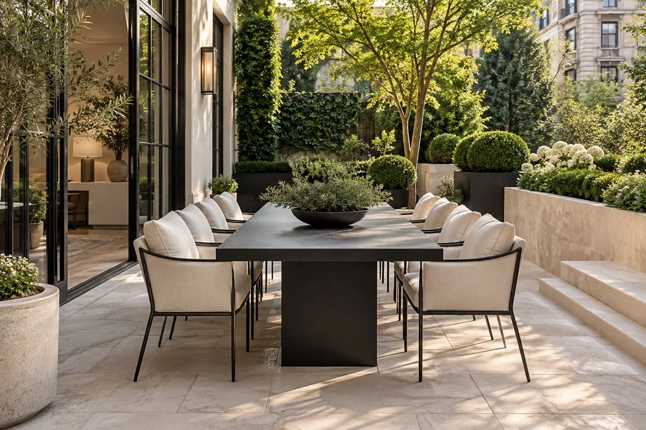 AI-generated design inspiration: A contemporary dining terrace with black metal table, cream upholstered chairs, limestone pavers and subtle emerald planting