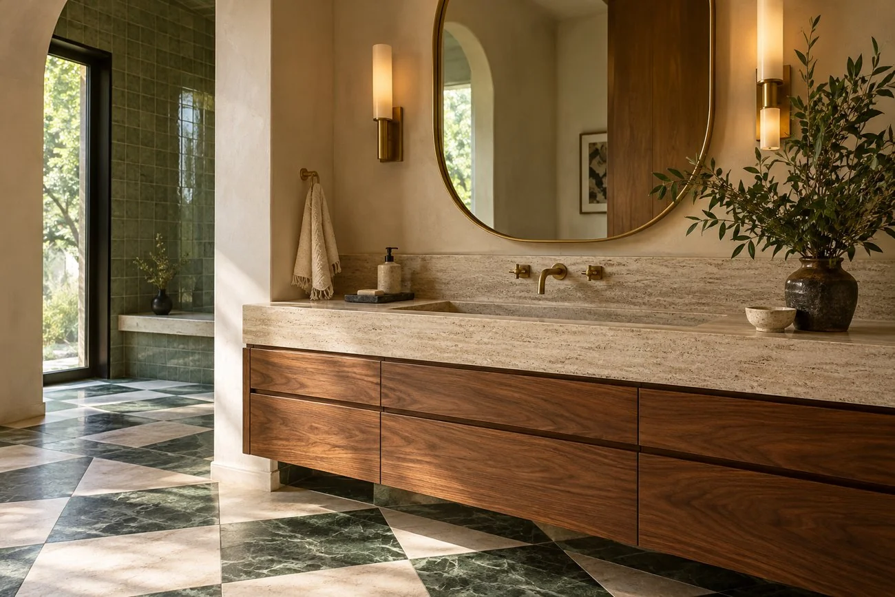 AI-generated design inspiration: A luxurious bath vanity with warm walnut drawers, cream travertine basin, brass oval mirror and striking green and cream tiled floor