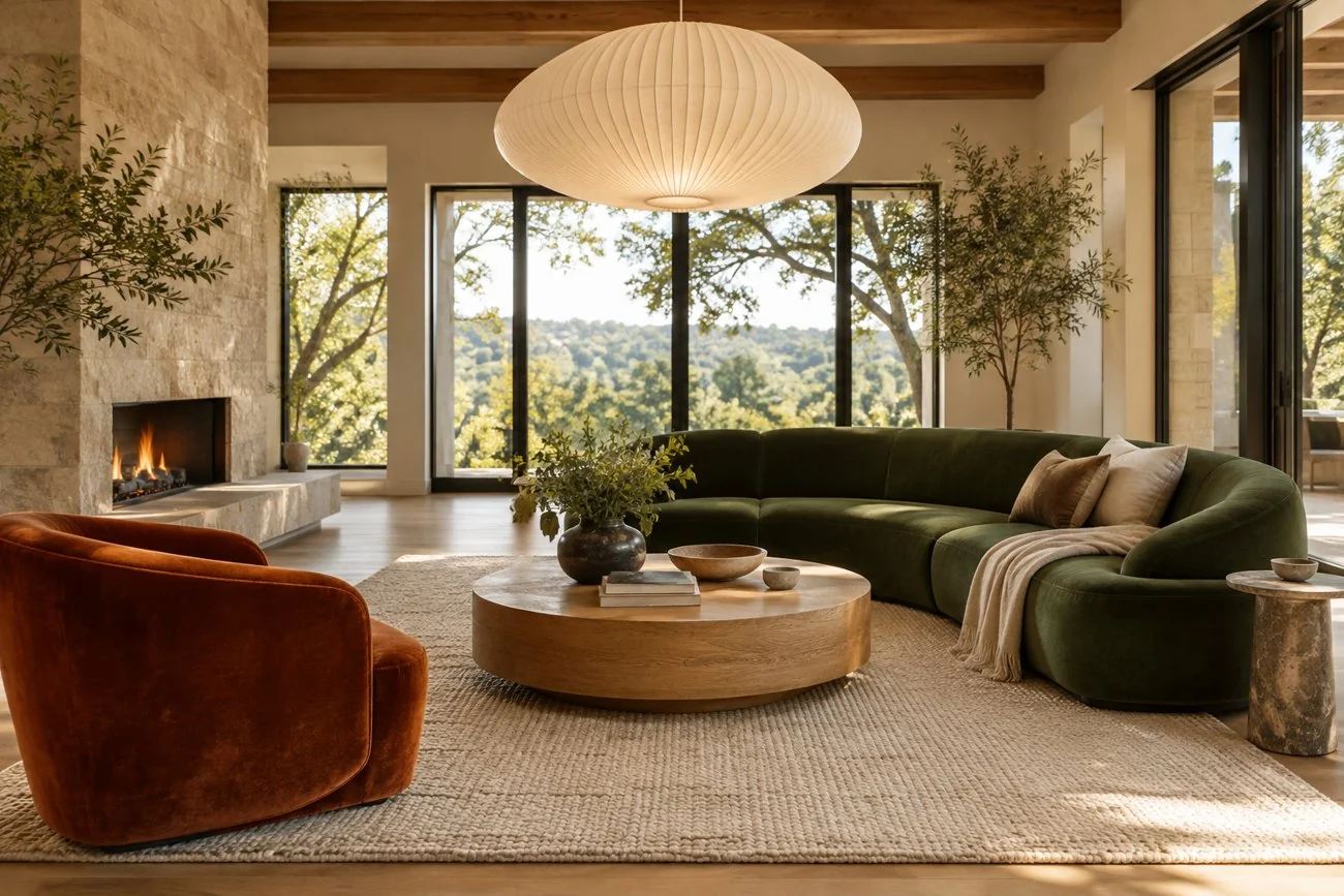 AI-generated design inspiration: A modern living room with forest green curved sofa, rust velvet accent chair, oak coffee table and large ivory sculptural pendant
