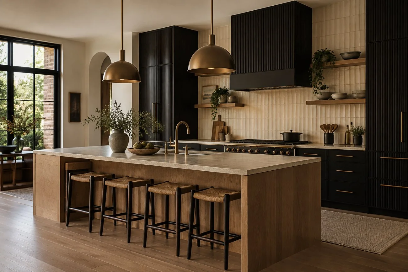 AI-generated design inspiration: A refined townhouse kitchen with black fluted cabinets, oak island and bronze accents, cream subway tiles stacked vertically