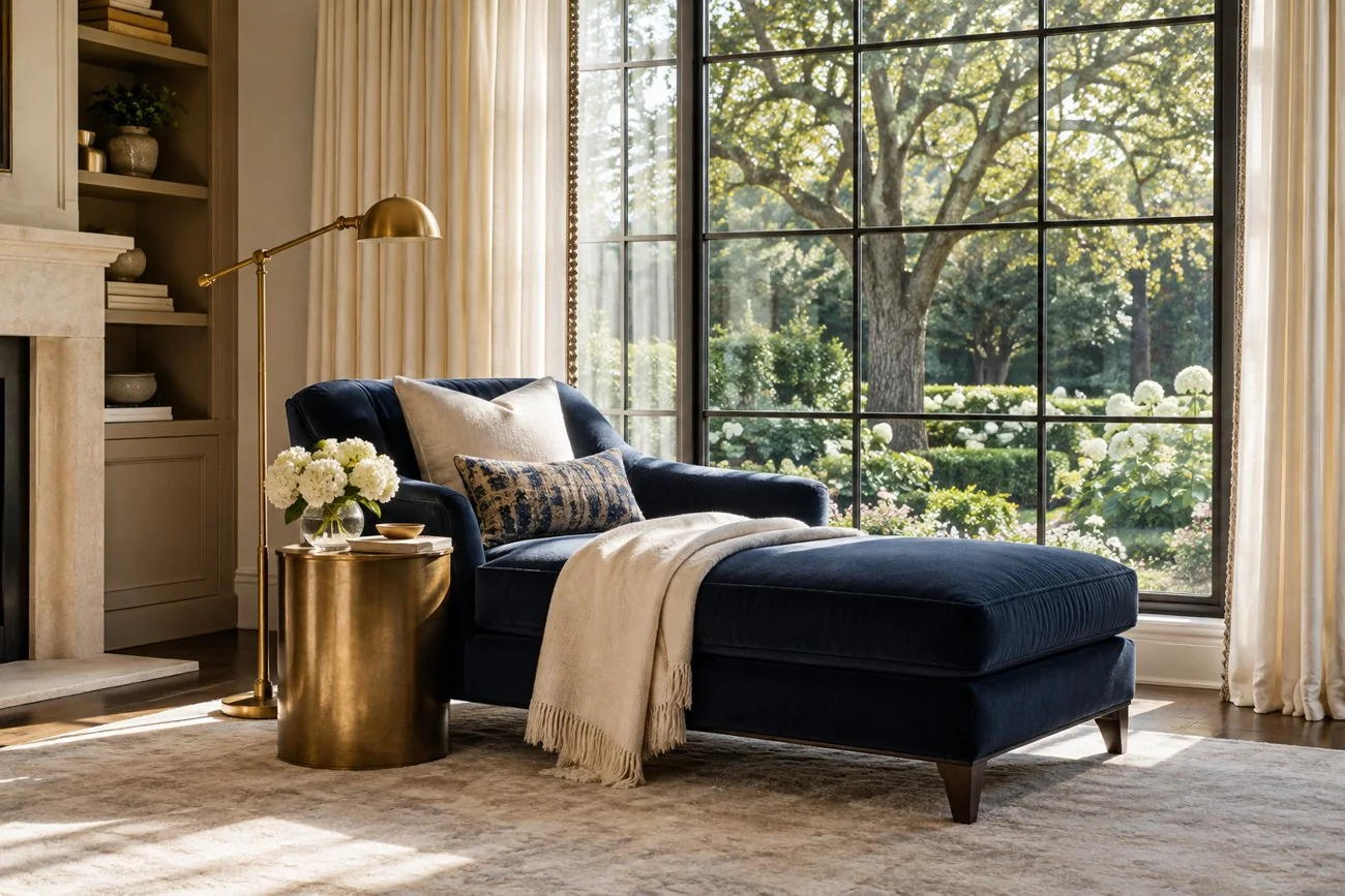 AI-generated design inspiration: A luxurious bedroom sitting nook with navy chaise, brushed gold reading lamp, cream drapery and oversized garden window