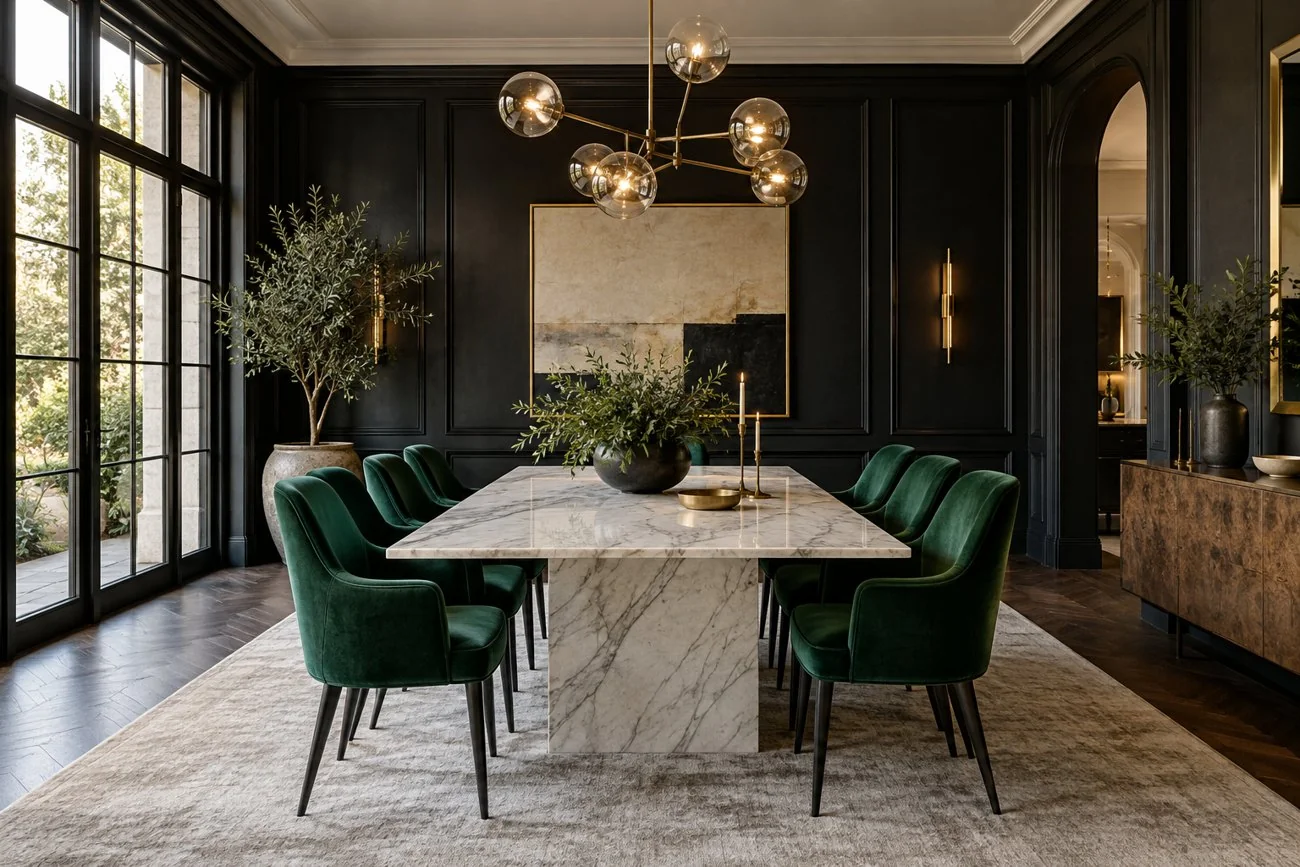 AI-generated design inspiration: A sophisticated dining room with emerald velvet chairs, white marble table, black wall paneling and delicate brass chandelier